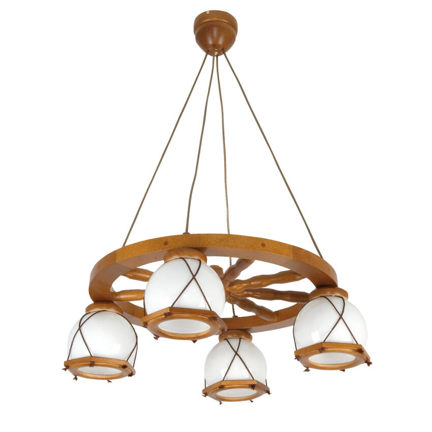 Lampa wisząca drewniana żyrandol klosz szklany biały  RETRO 2-021/5